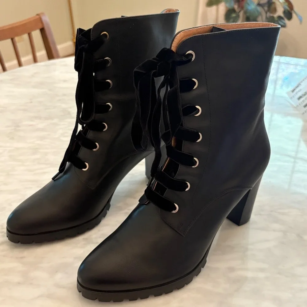 Anthropologie‎ Matiko Emma Lace-Up Lug Sole Block Heel Boot Black 39 NIB